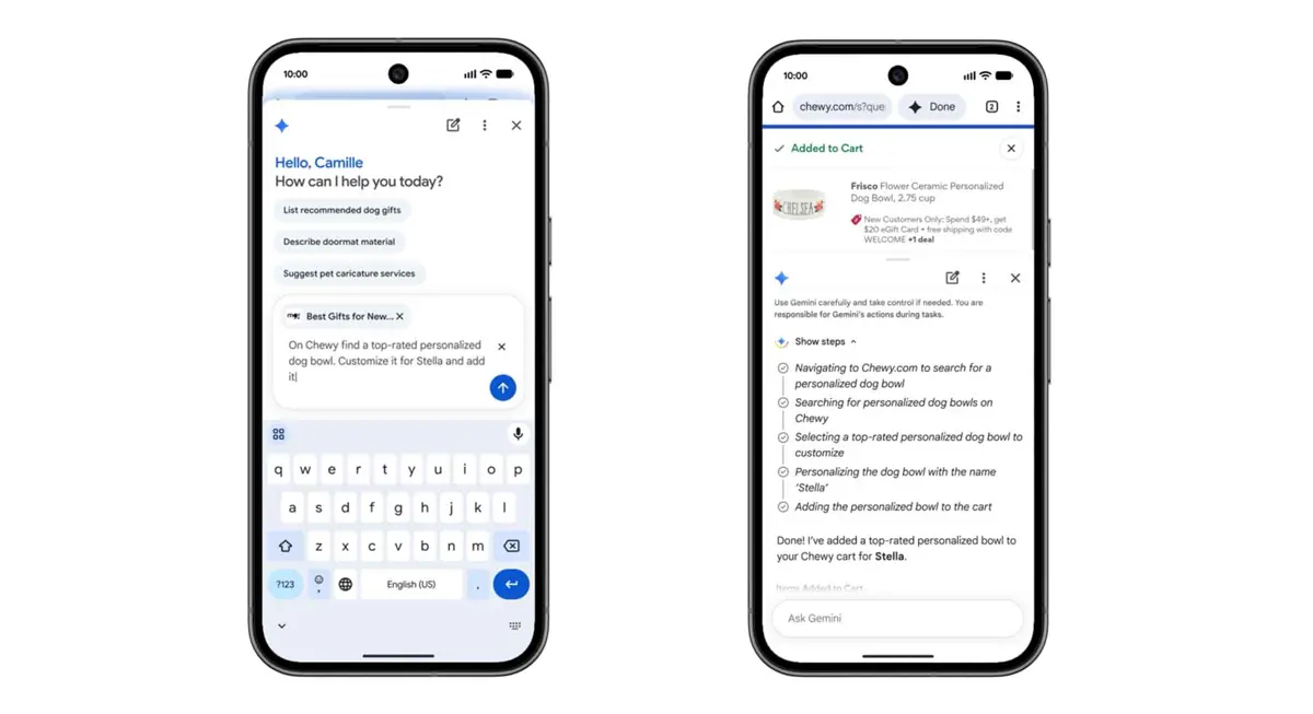 Gemini in Chrome on Android showing a browser assistant panel summarizing a web page with auto browse task controls