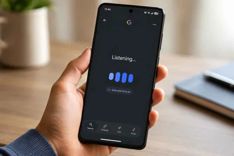 Hand holding an Android phone showing Google's redesigned Voice Search interface with AI Mode, Search Live, and Song Search