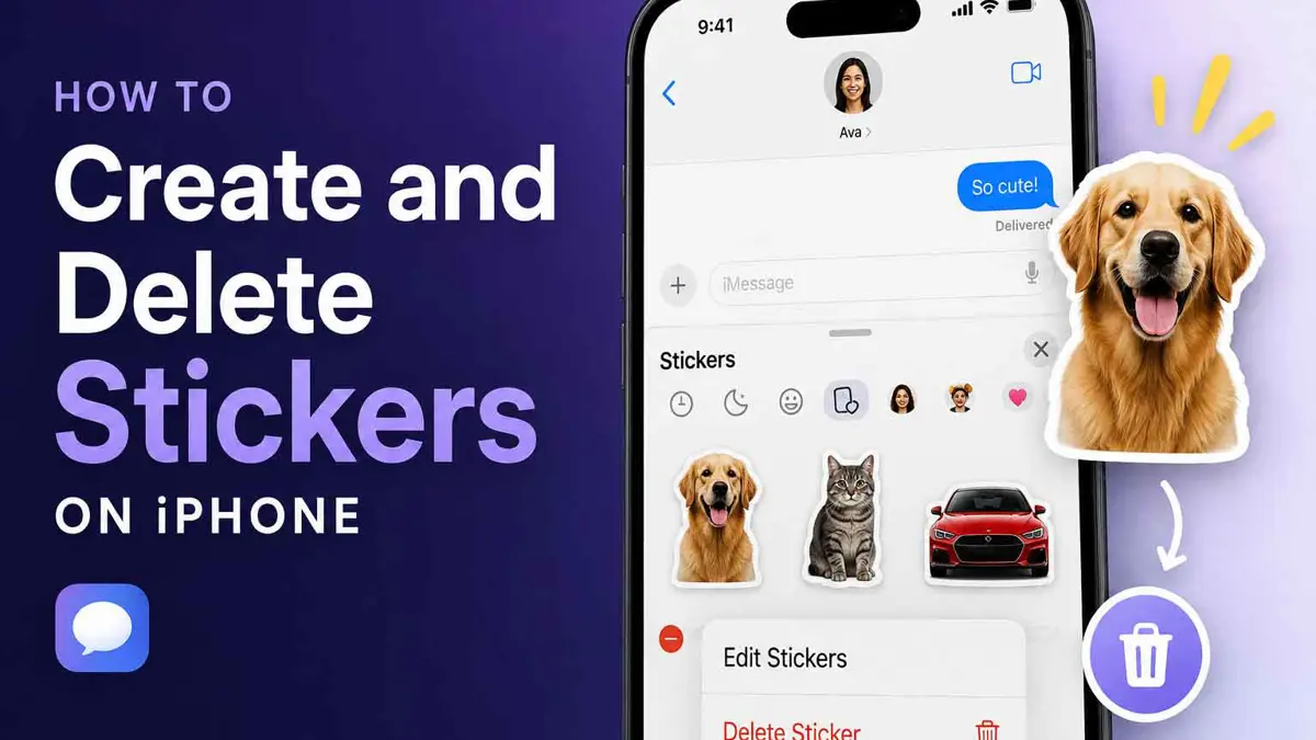 iPhone displaying the Stickers drawer and custom sticker management options in the Messages app
