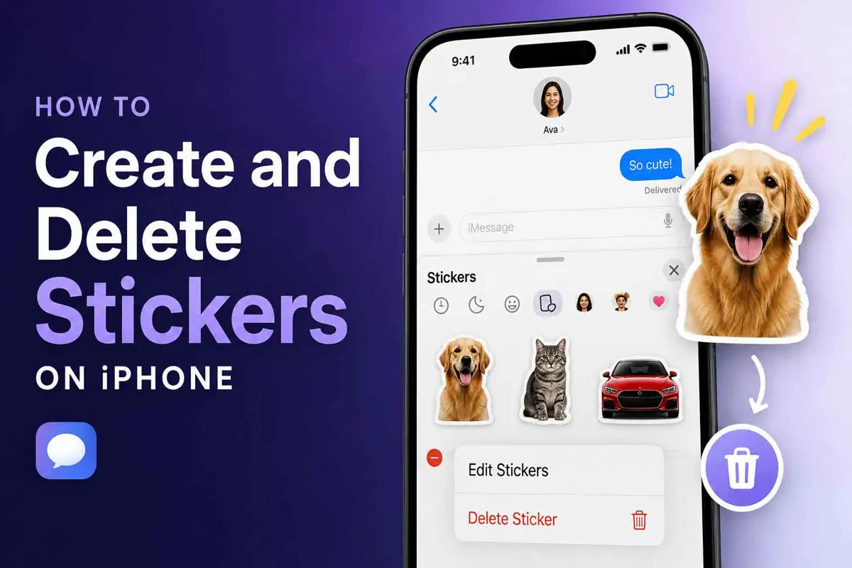 iPhone displaying the Stickers drawer and custom sticker management options in the Messages app