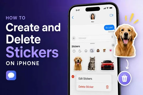 iPhone displaying the Stickers drawer and custom sticker management options in the Messages app