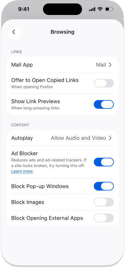 Firefox for iOS Settings page showing the Ad Blocker toggle under the Content section in Browsing settings