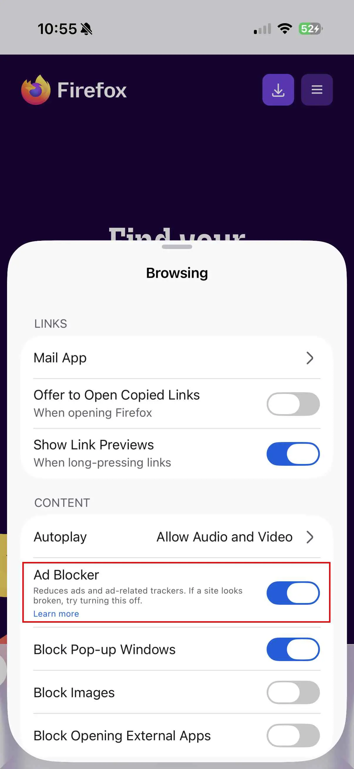 Firefox iOS Site menu showing the Ad Blocker option for toggling ad blocking during a browsing session