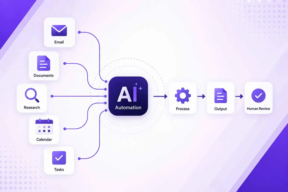 AI automation workflow connecting email documents research and everyday tasks