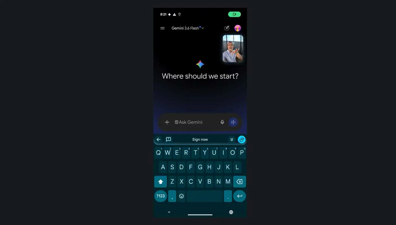 Pixel Camera showing Live Transcribe translating American Sign Language into text