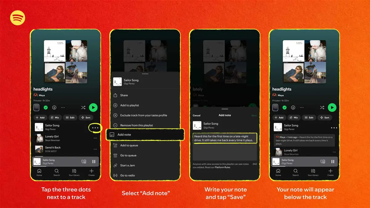 Spotify Playlist Notes feature showing editor and user notes attached to tracks inside a playlist