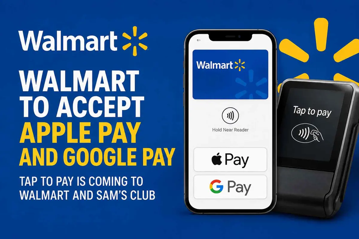 Walmart checkout with Apple Pay and Google Pay tap-to-pay symbols