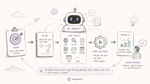 What is an AI agent showing a goal-driven workflow from planning and tools to action and human review