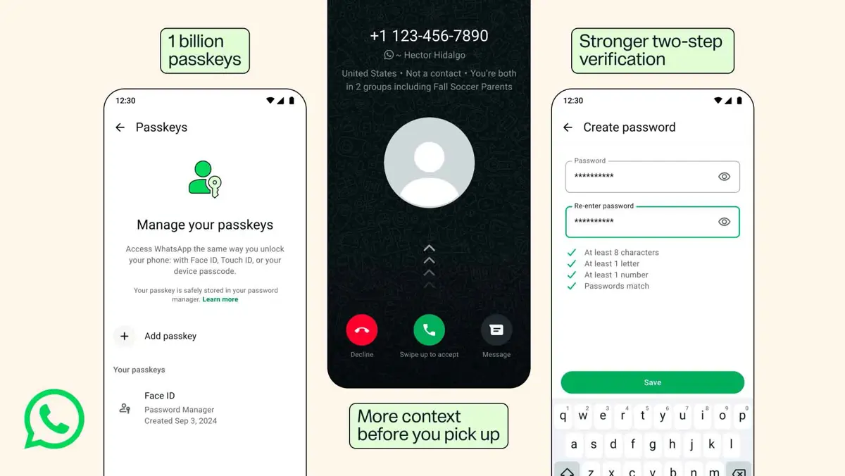 WhatsApp security features for two-step verification, unknown callers, and passkeys