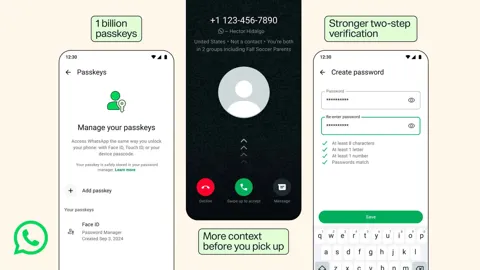 WhatsApp security features for two-step verification, unknown callers, and passkeys