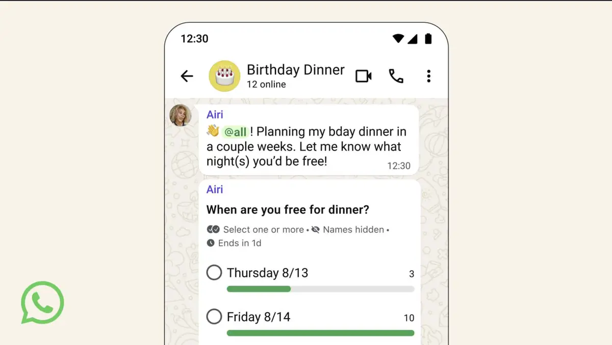 WhatsApp logo representing new group chat updates including smarter polls and @all mentions