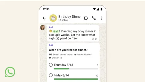WhatsApp logo representing new group chat updates including smarter polls and @all mentions