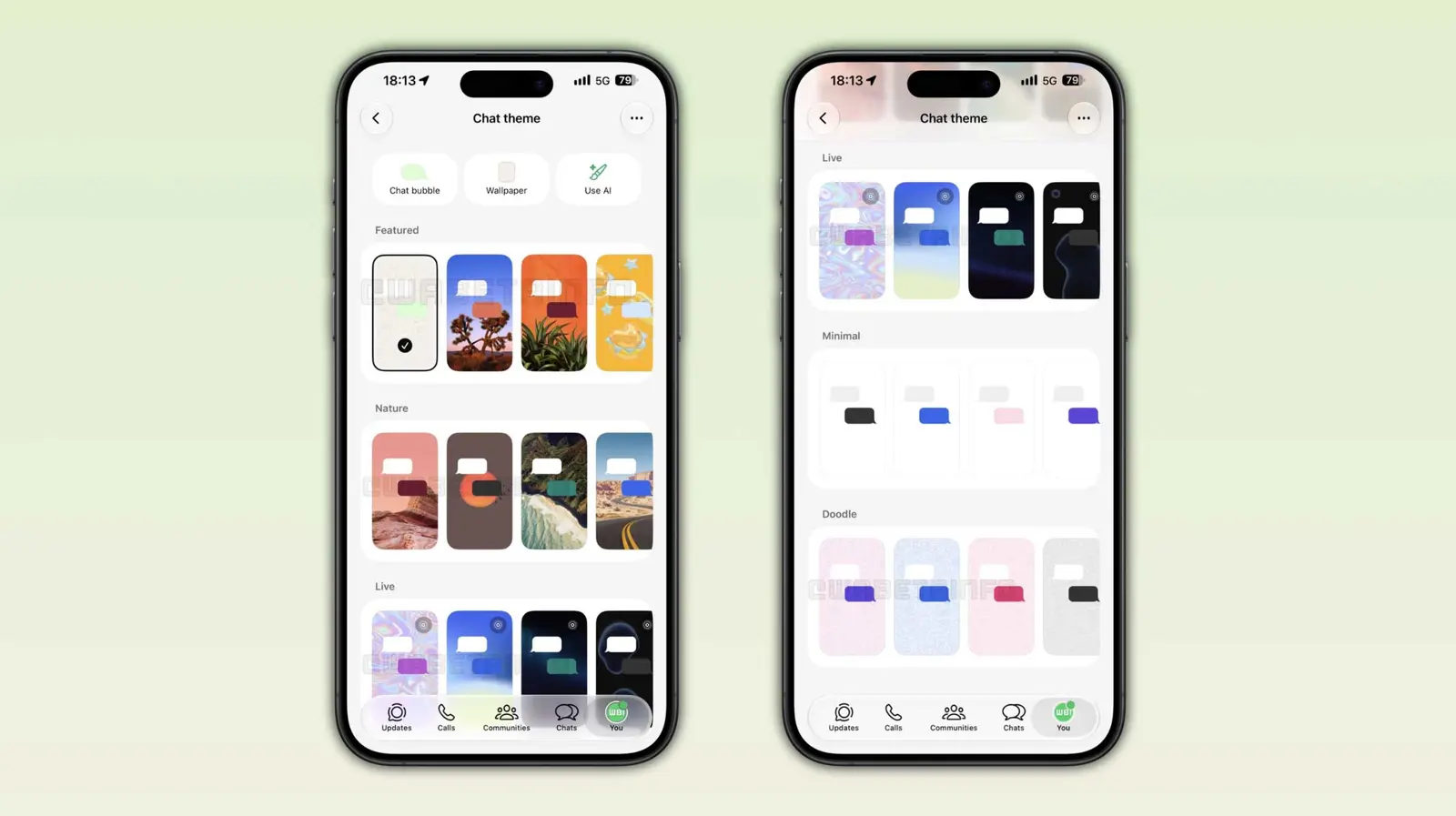 WhatsApp for iPhone showing the Featured Nature Live Minimal and Doodle chat theme categories