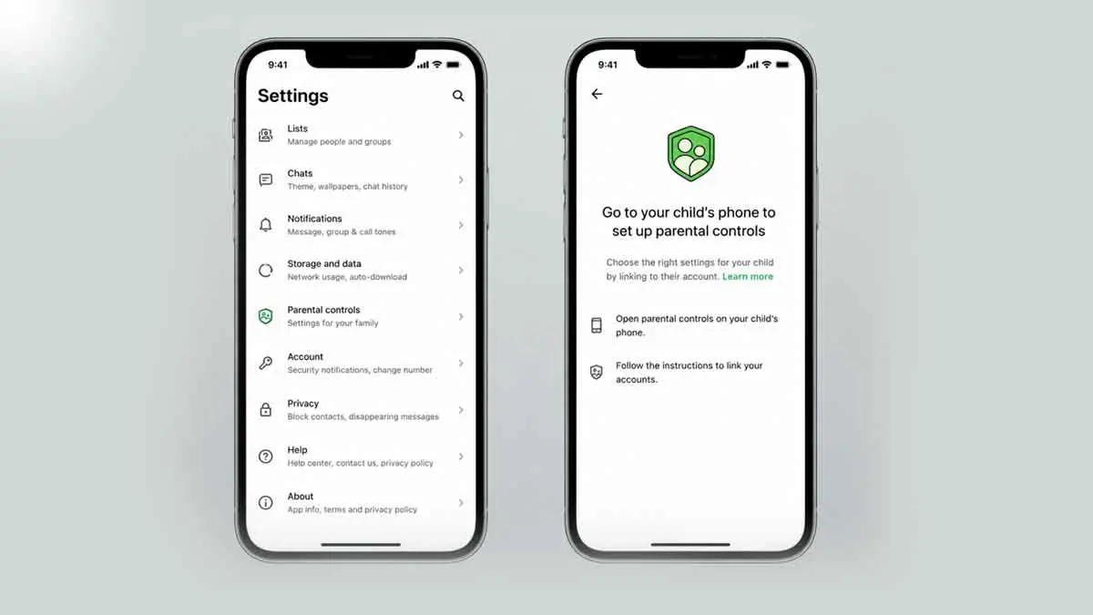 WhatsApp iOS settings showing a dedicated Parental controls option and account-linking instructions.