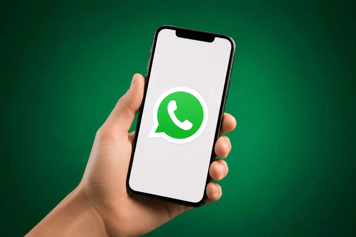 WhatsApp logo displayed on a smartphone held in a hand