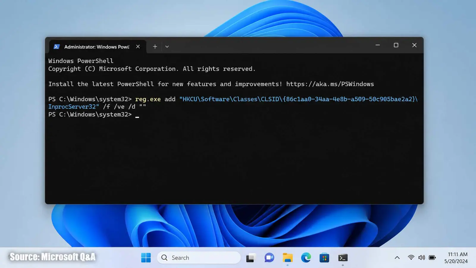 Windows 11 Terminal showing the command to restore the old right-click menu