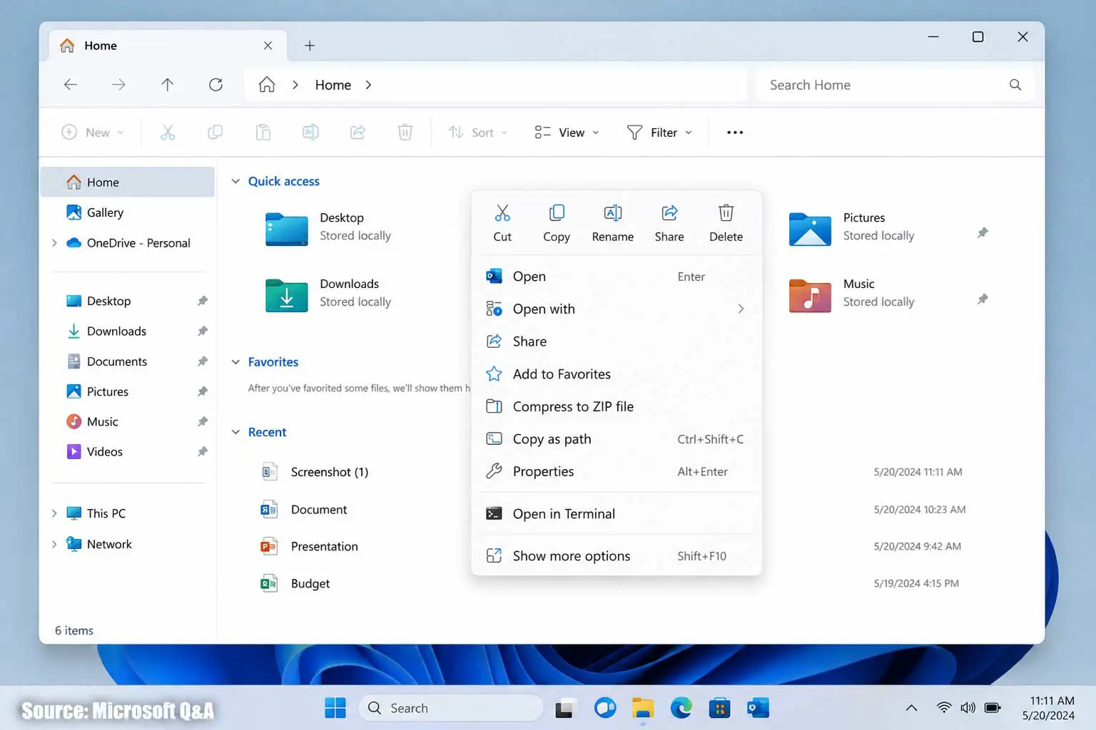 Windows 11 Explorer after removing the Registry workaround for the old right-click menu