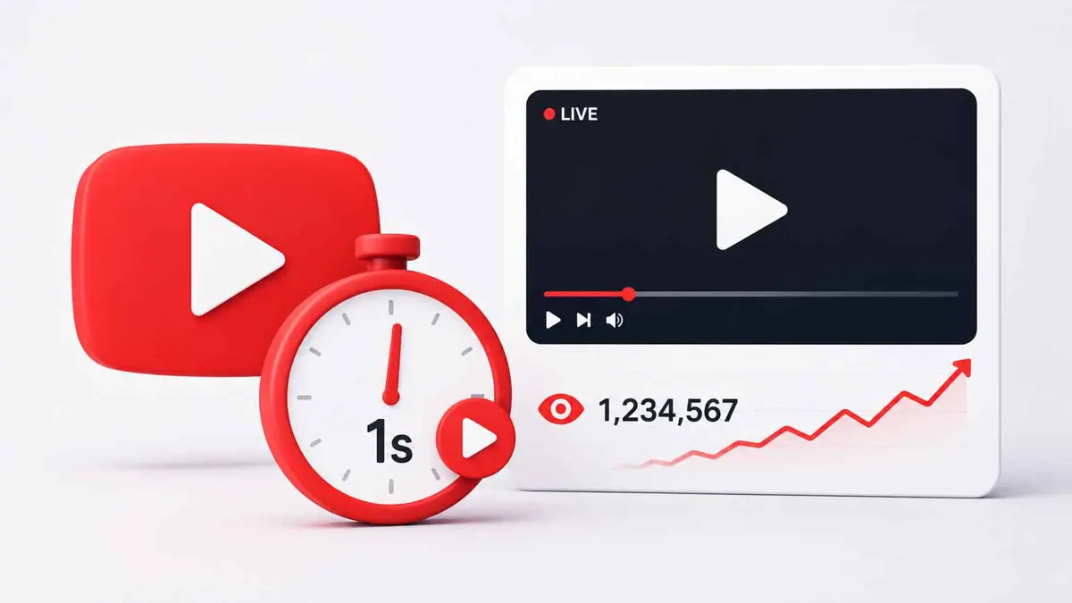 YouTube player showing the moment a video begins playing with a view counter incrementing from zero