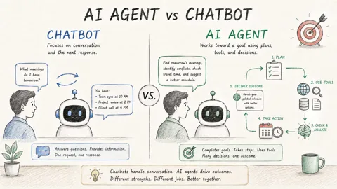 AI agent vs chatbot showing conversation compared with a goal-driven workflow