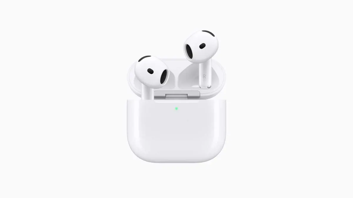 AirPods 5 earbuds and charging case representing Apple's improved active noise cancellation