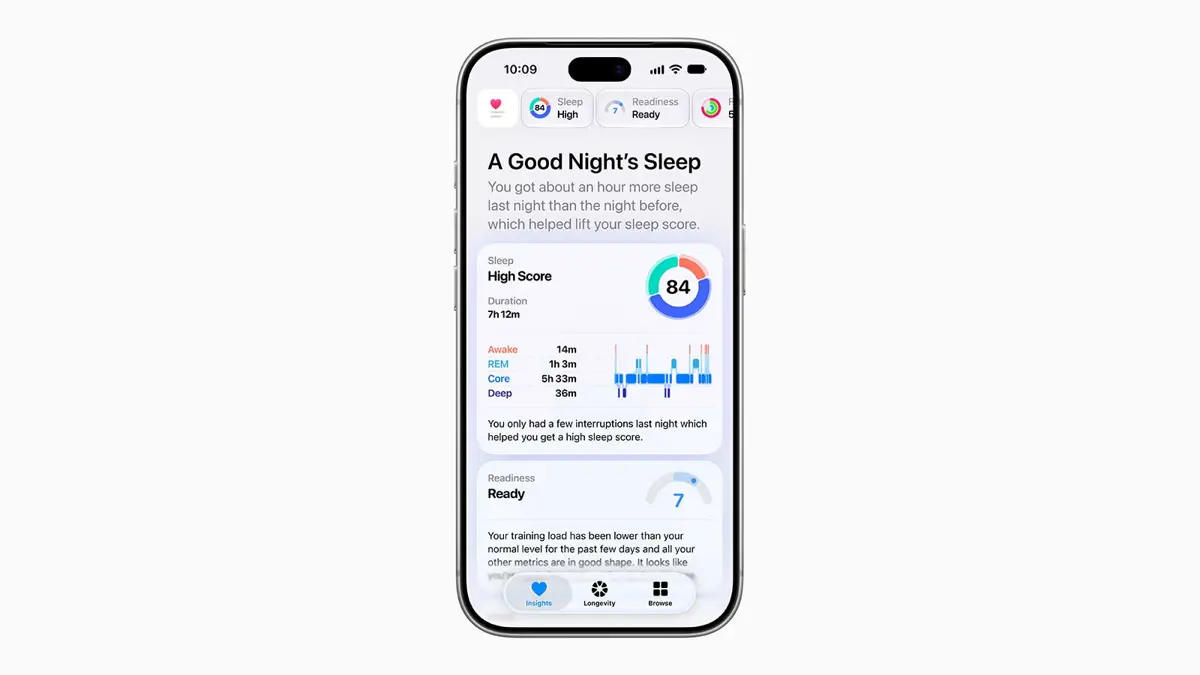 Apple Health app showing sleep and health insights on an iPhone.