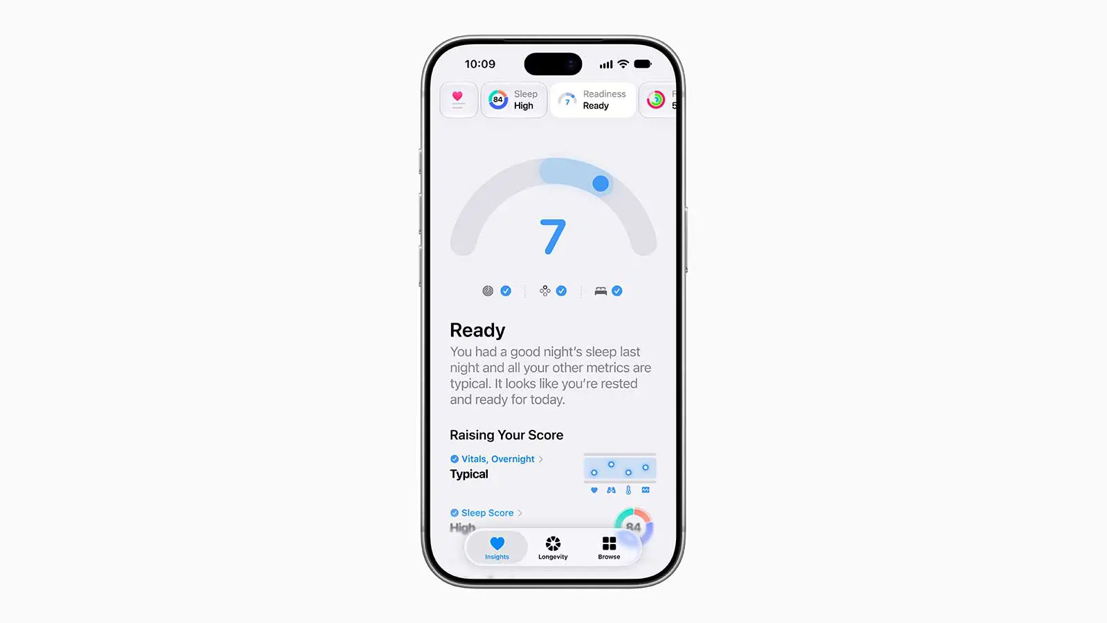 Apple Health app showing a readiness score on an iPhone.