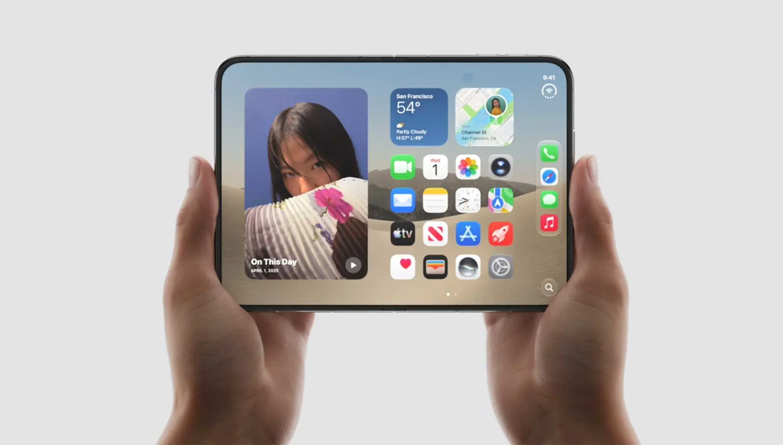 Foldable iPhone Duo shown in open and folded configurations.