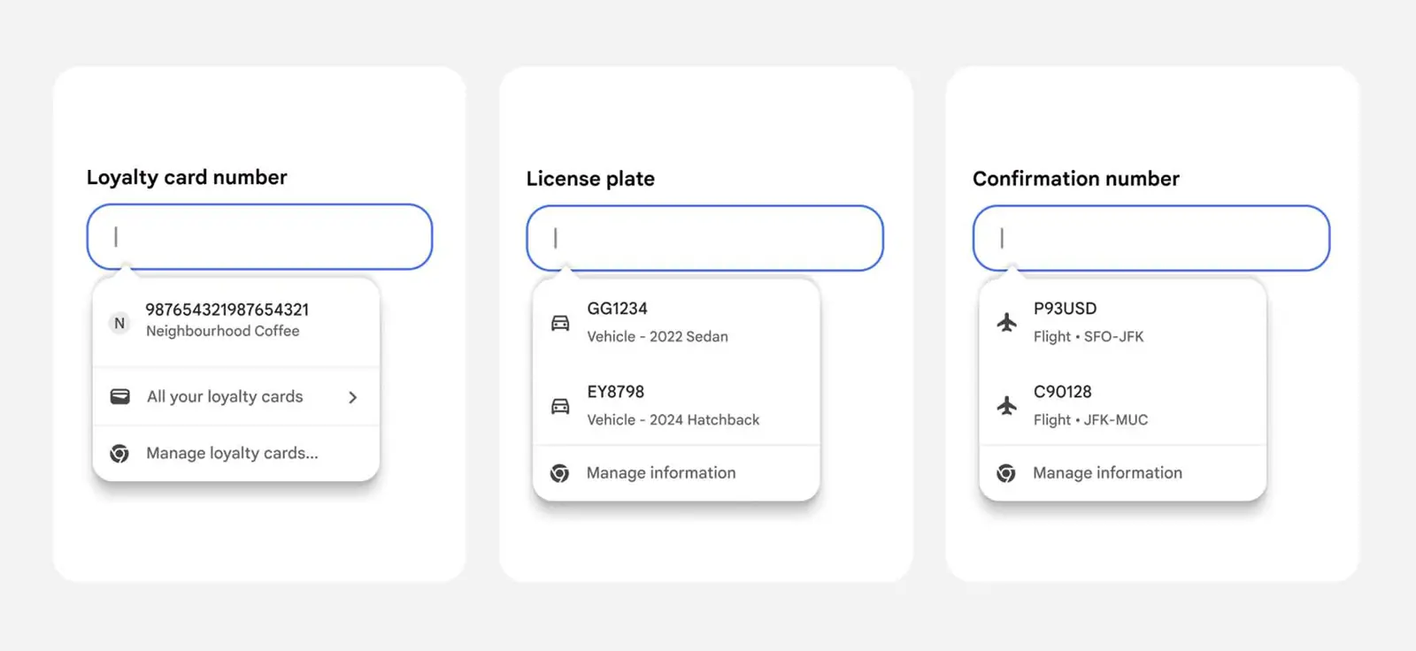 Chrome browser at a checkout page with a Google Wallet autofill dropdown showing saved payment card options