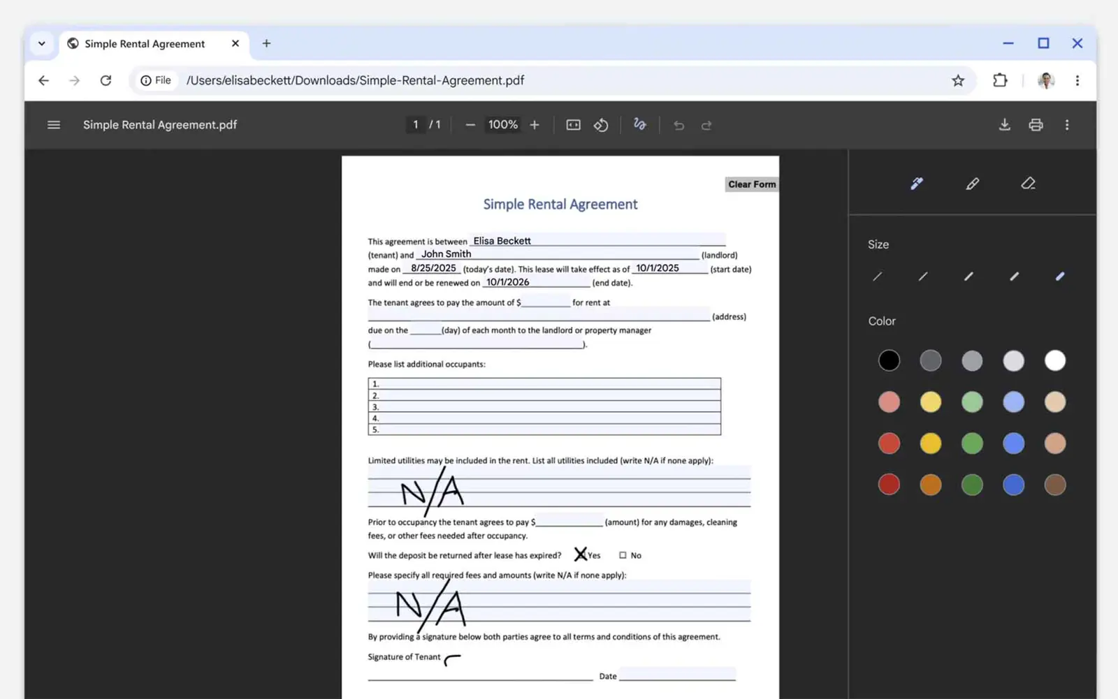 Chrome's PDF viewer with the annotation toolbar showing highlight, text, and drawing tools