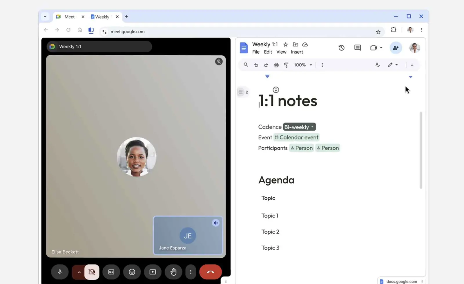 Chrome browser with two web pages displayed side by side in split view mode with a visible center divider