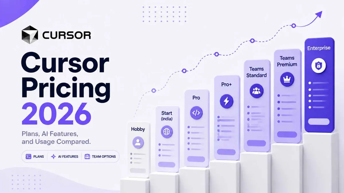 Three ascending pricing cards beside a violet panel reading Cursor Pricing 2026