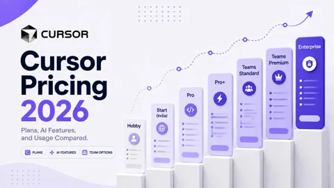 Three ascending pricing cards beside a violet panel reading Cursor Pricing 2026