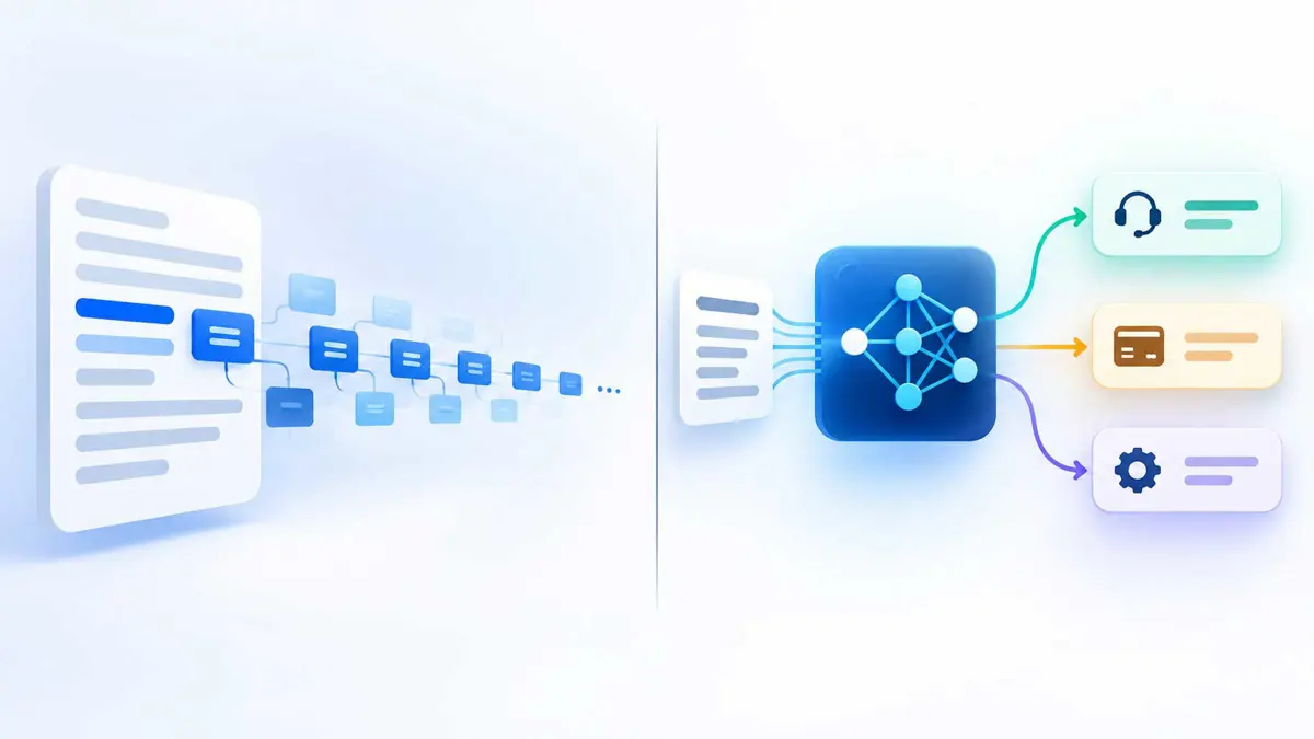 Editorial illustration comparing token-by-token LLM generation with a decision model that routes one input into structured outcomes
