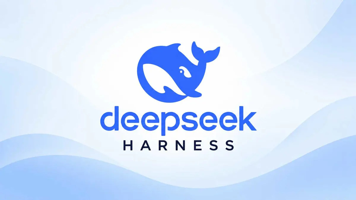 DeepSeek Harness interface illustrating an AI agent assembled from modular plugins for models, tools, sessions, and runtime capabilities.