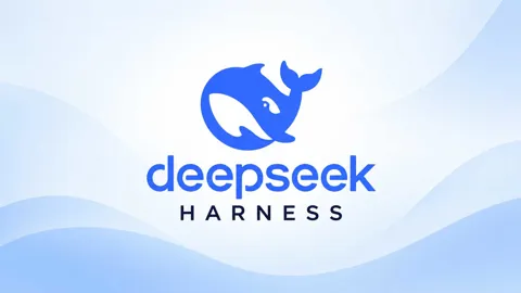 DeepSeek Harness interface illustrating an AI agent assembled from modular plugins for models, tools, sessions, and runtime capabilities.