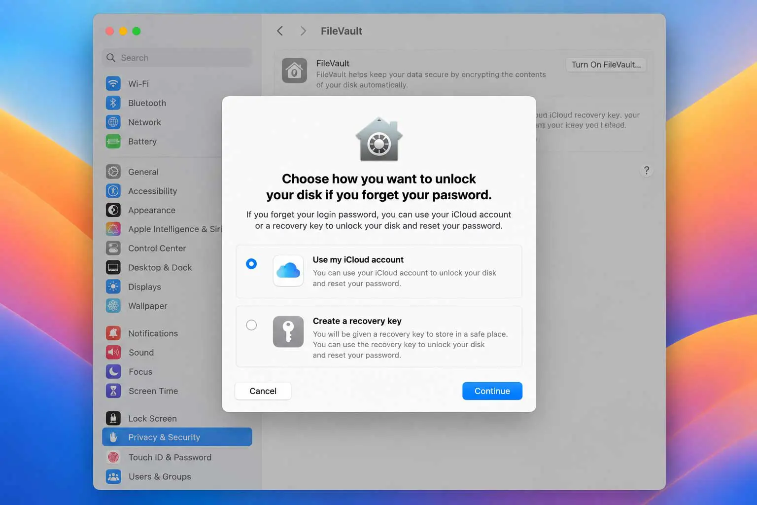 FileVault recovery options for using an iCloud account or creating a recovery key