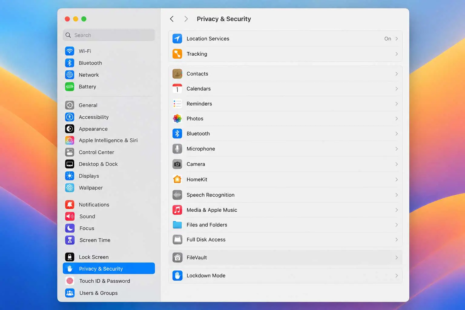 macOS System Settings window showing the Privacy & Security section