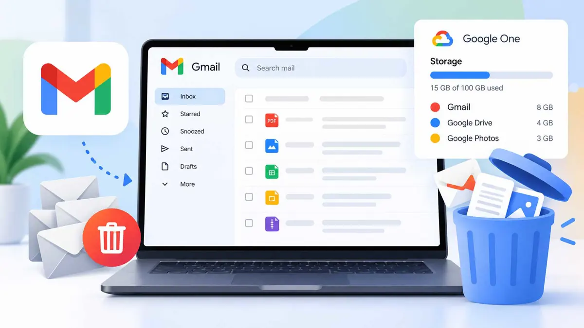 Gmail storage cleanup screen showing large emails, attachments, and tools for freeing up Google storage