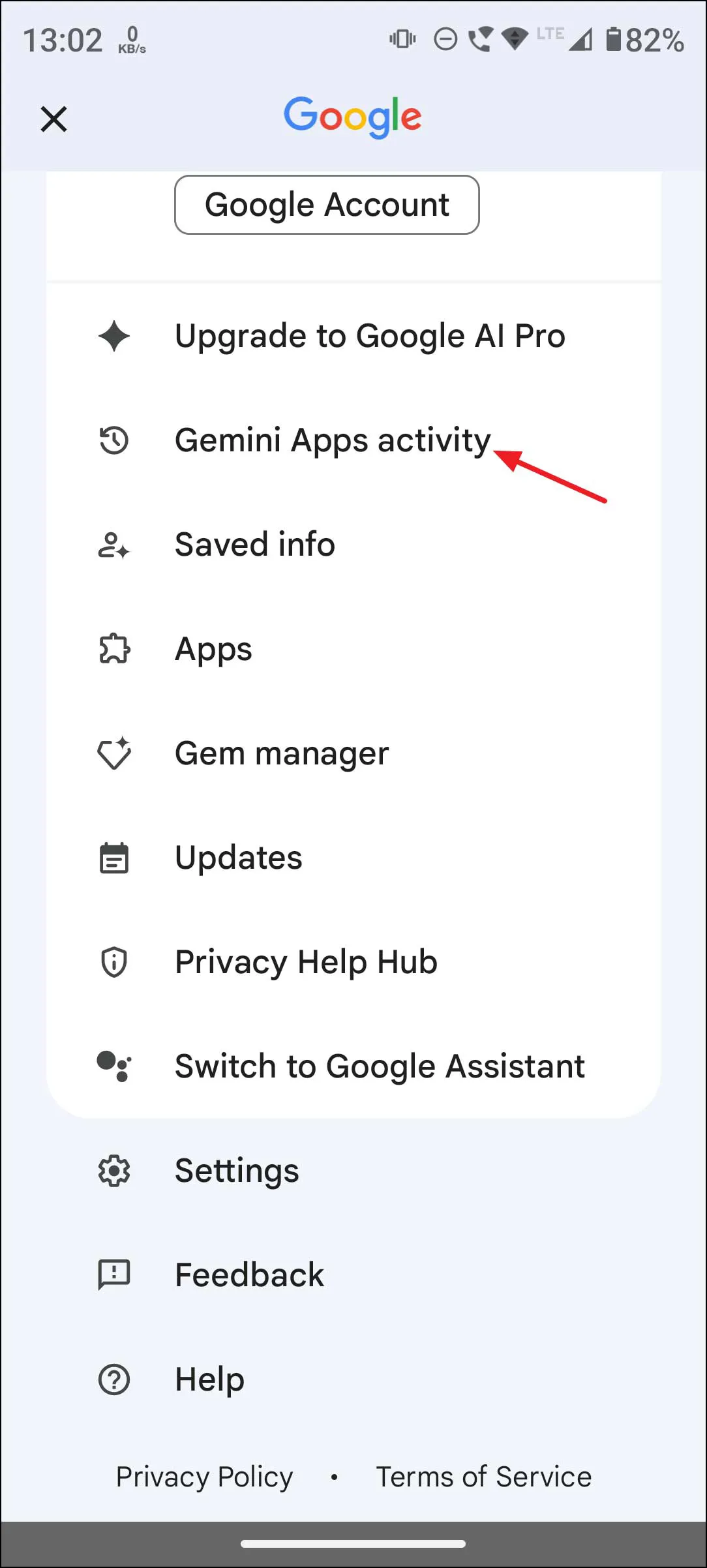 Gemini Android account menu showing the Gemini Apps Activity setting
