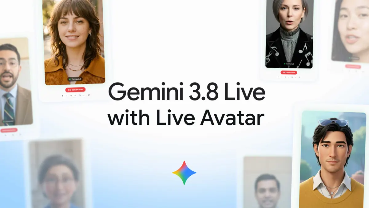Gemini AI avatar speaking while background tools and business systems process tasks