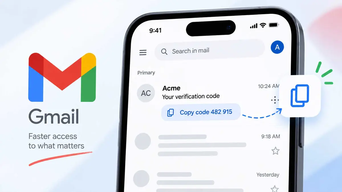 Gmail inbox showing a Copy code shortcut for a two-factor authentication verification email on a smartphone