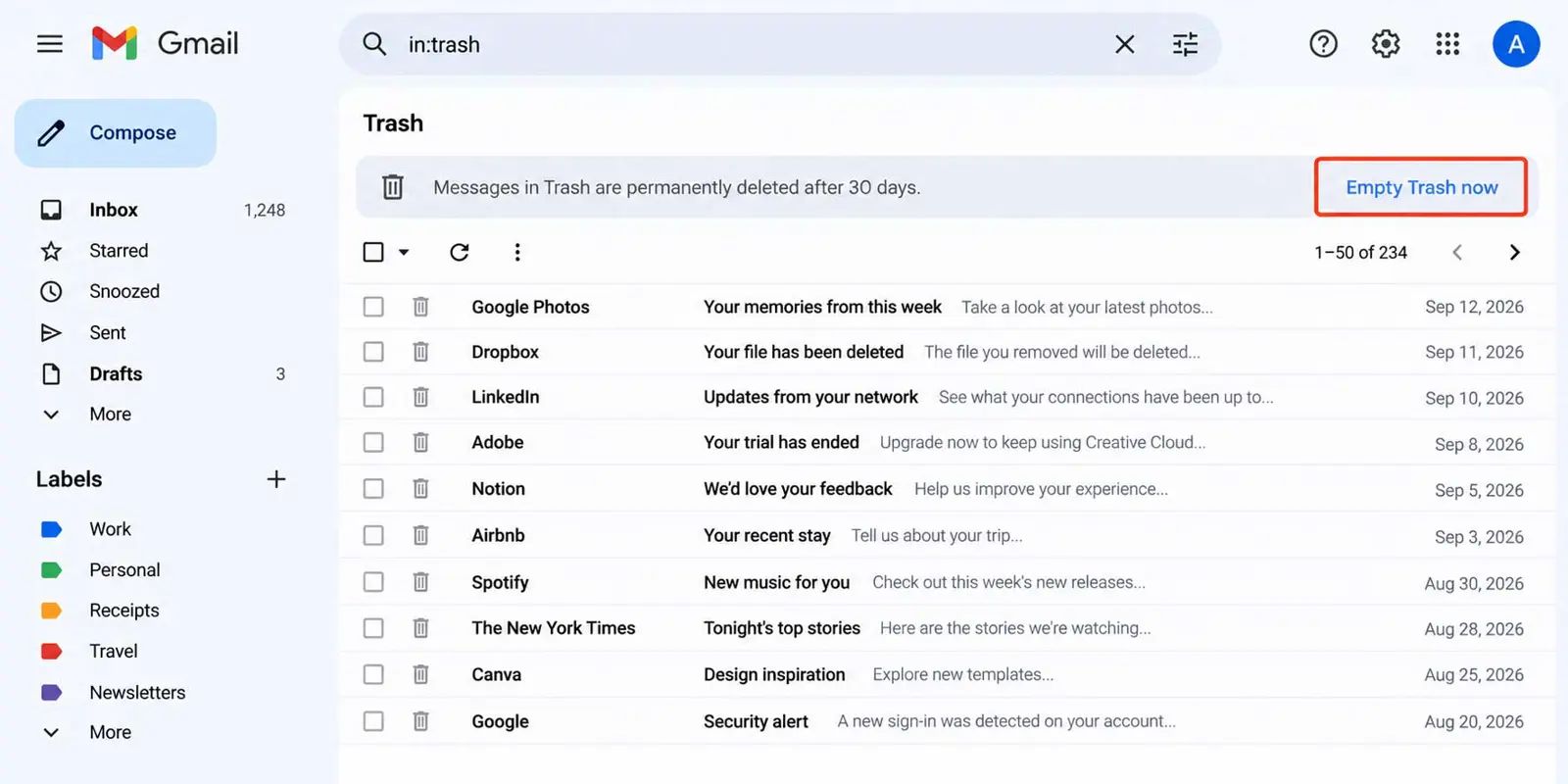 Gmail Trash folder showing the option to permanently delete deleted messages