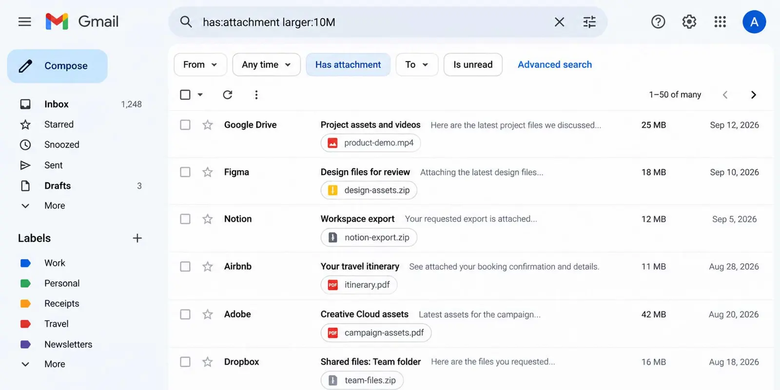 Gmail search showing the has:attachment larger:10M query for finding large emails