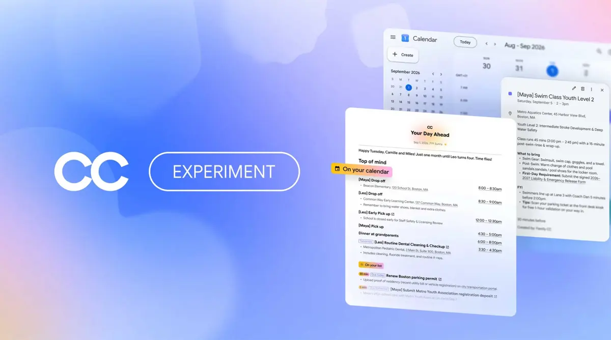 Google CC shared AI agent concept showing a family coordinating schedules and tasks across connected devices.