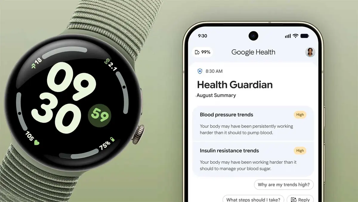 Pixel Watch displaying health trend graphics beside a Google Health interface on a clean light background