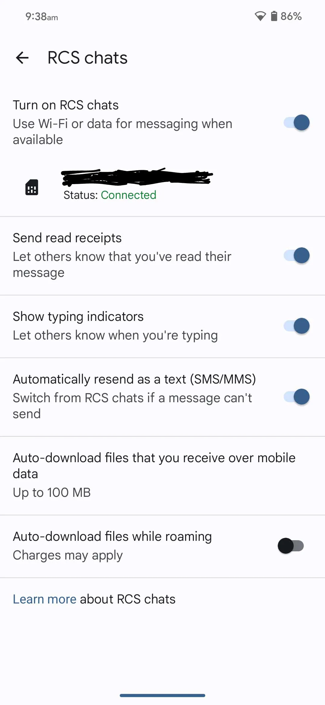 Google Messages RCS chats settings screen showing the RCS toggle enabled and status connected