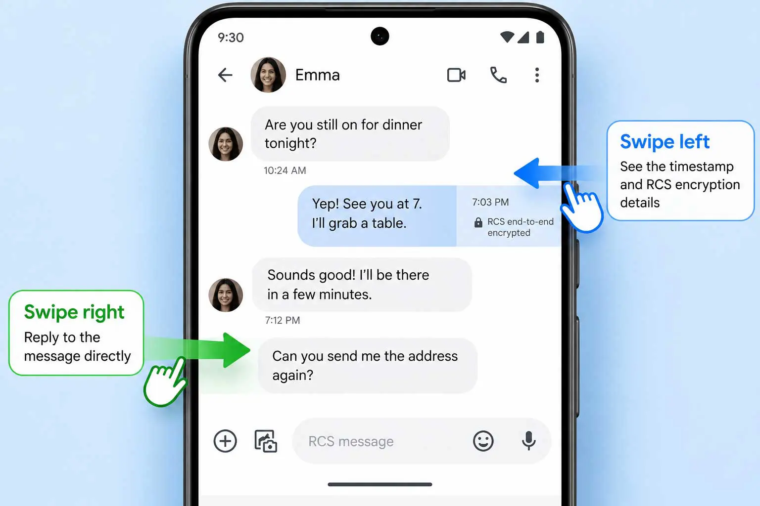 Google Messages conversation illustrating a left swipe for timestamps and a right swipe for direct replies