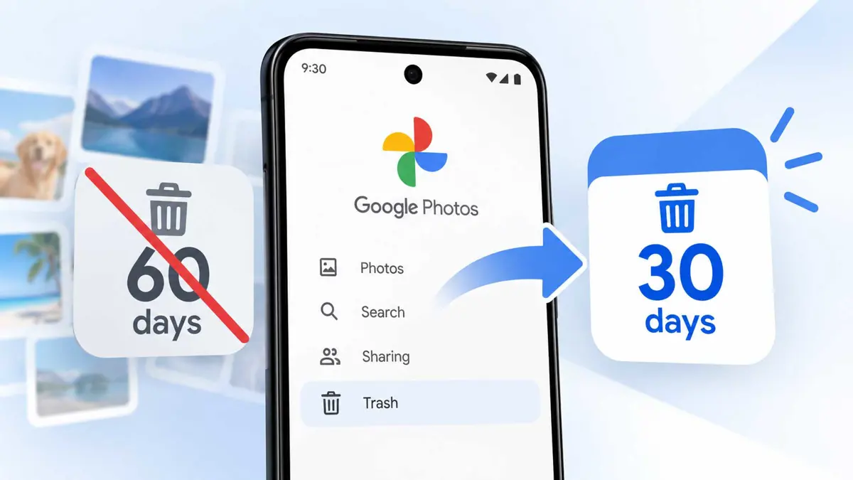 Smartphone showing Google Photos Trash with a 30-day deletion window