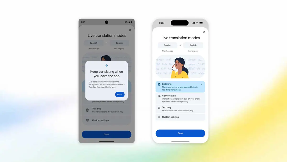 Google Translate app showing Android background mode and iOS earpiece translation mode side by side on smartphones
