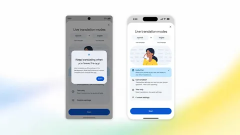 Google Translate app showing Android background mode and iOS earpiece translation mode side by side on smartphones
